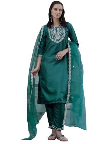 Image of VredeVogel Women's Silk Blend Embroidered Kurta with Pant & Dupatta Set