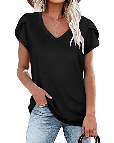 PLOKNRD Damen Tops V-Ausschnitt Blütenblatt Ärmel T-Shirt Sommer Freizeit Kurzen Ärmeln Strand Oberteile(Schwarz,L)