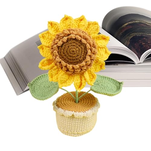 Girasol de ganchillo, flores de ganchillo - Decoración de mesa de mesa con planta artificial en maceta hecha a mano para el hogar, adorno de girasol de 25 cm para sala de estar, dormitorio, sa