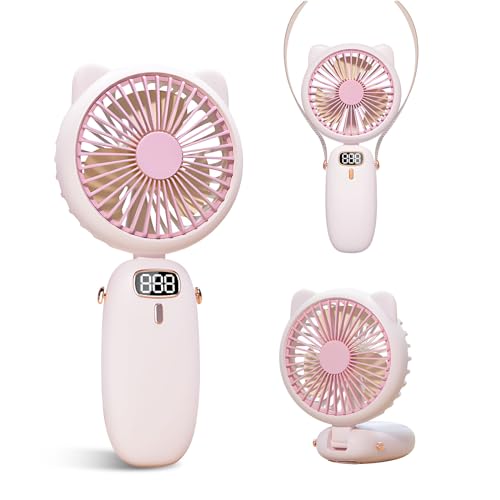 Handheld Fan Mini, Cute Hand Fan Portable, Powerful USB Rechargeable Fan with 4 Speeds and LED Display for Kids Women, Battery Small Electric Hand Held Fans Folding for Desktop/Office/Travel-Pink