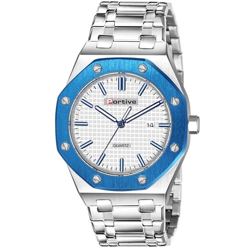 Image of Portive Quartz Watch for Men, Silver Stainless Steel Bracelet, Black Dial, Date Display, Octagonal Case