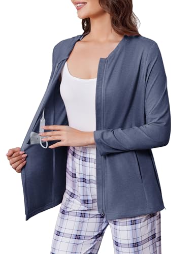 Deyeek Mastectomy Shirts with Drain Pockets Post Shoulder Surgery Tops for Women Chemo Port Long Sleeve with Zippers
