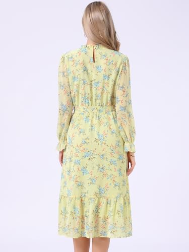 Image of Allegra K Fall Casual Floral Dress for Women 2025 Long Sleeve Crew Neck Chiffon Midi Tea Party Ruffle Dresses
