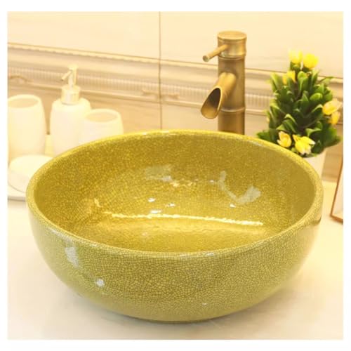 Sxlawesom Lavabo de Cerámica - Forma Redonda - Lavabo de Encimera de Cerámica Porcelana - Ideal para Colocar sobre Encimeras de Muebles de Baño(Amarillo,35x15cm)