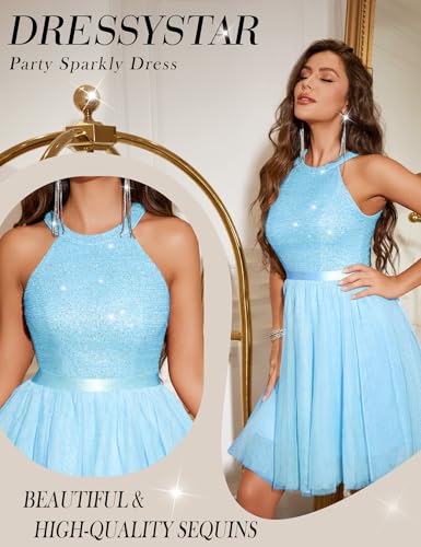 Image of Dressystar Women's Sequin Short Prom Dress Sparkly Halter Tulle Cocktail Party Homecoming Dresses