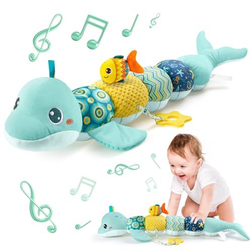 Image of TURKIDS Montessori Infant Baby Musical Plush Toys, Stuffed Animal Activity Soft Toys with Multi-Sensory Crinkle, Rattle and Textures for 0-3-6-12 Months Developmental Toys, Dolphin, Whale, Blue