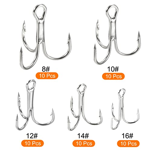 PATIKIL 10#8#6#4#2# Treble Fish Hooks Kit, 1 Set Carbon Steel Sharp Round Bend Hook Triple Barbed Hook for Freshwater Saltwater White - Image 3