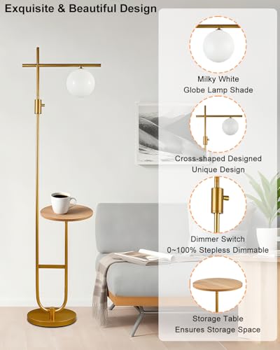 Image of Lightdot 66IN Gold Dimmable Floor Lamps with Table, Modern Standing Tall Lamp with Globe Lampshade, Cross-Shaped Lamp Head U-Pole Base for Living Room /Bedroom /Sofa Beside /Corner Decor(Bulb Included)