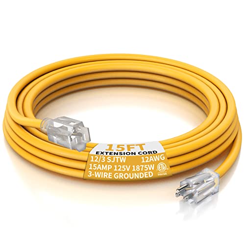 Outdoor Extension Cord 15 FT Waterproof, 12/3 Gauge Heavy Duty Lighted Extension Cord, 3 Prong Grounded Plug for Safety, 15A 1875W SJTW, ETL Listed, Great for Garden and Home, Yellow