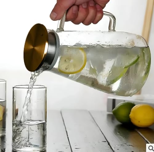 Image of Borosilicate Water Jug with Lid, Stainless Steel Air Tight Lid, Iced Tea Pitcher, Water Jug, Hot Cold Water, Milk and Juice Beverage Carafes - 1800ml Water Glass Jug (Glass Water Jar)