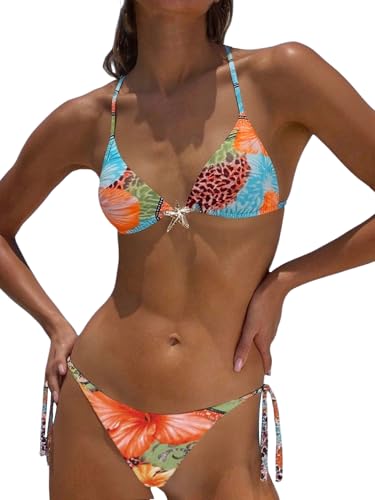 GORGLITTER Women's 2 Piece Cheetah Print Starfish Bikini Sets Leopard High Cut Halter Triangle Swimsuits