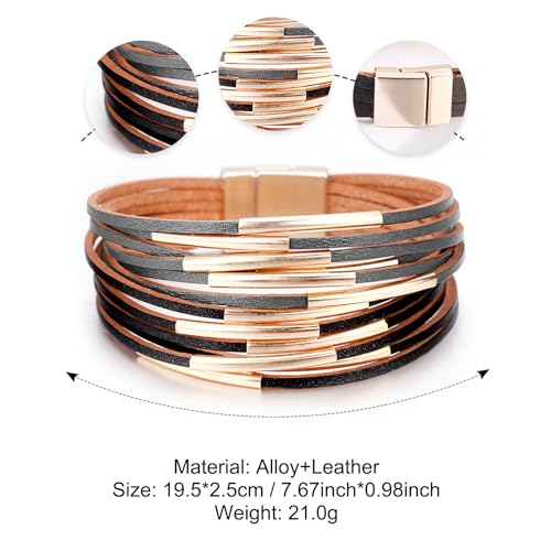 Fesciory Leather Wrap Bracelets for Women, Boho Leopard Multi-Layer Crystal Beads Cuff Bracelet Jewelry