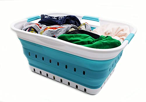Image of SAMMART 42L (11 gallon) Collapsible Plastic Laundry Basket - Foldable Pop Up Storage Container /Organizer - Portable Basket - Space Saving Hamper /Basket (2, White /Bright Blue)