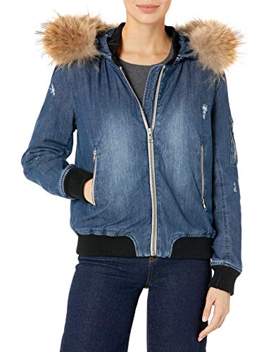 Soia & Kyo Women's Branca-R Bomber Jacket with Removable Hood and Fur, Denim, S