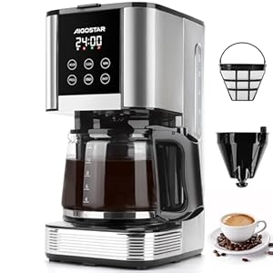 Aigostar Cora – Filterkaffeemaschine, Programmierbar 24h, 1,5L, LCD-Display, 14-Tassen Kaffeemaschine, Edelstahl, 1000W, Intensitätseinstellung, Tropf-Stopp, AutoClean, Warmhaltefunktion, Schwarz
