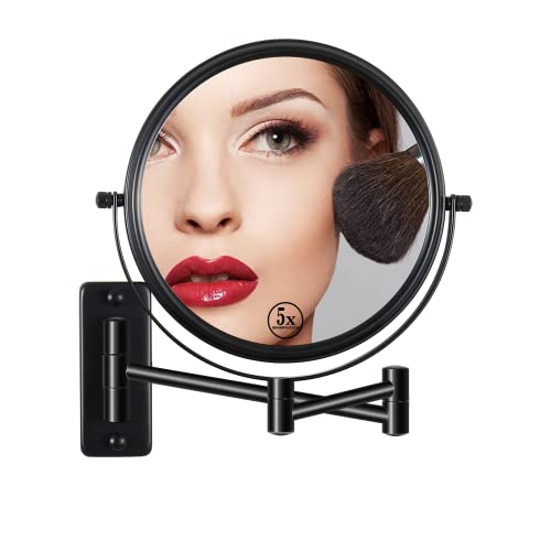Badezimmer Wandhalterung Kosmetikspiegel 1x/5x Vergrößerung Ø8inch 360° Doppelseitig ausziehbare Rasierspiegel Runder Arm Schminkspiegel für Badezimmer, Schwarzer Edelstahlspiegel für Frauen, Mädchen Cover