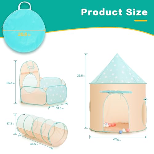 Image of PigPigPen 3pc Kids Play Tent for Girls and Boys with Ball Pit, Crawl Tunnel, Princess Tents for Toddlers, Baby Space World Playhouse Toys, Boys Indoor& Outdoor Play House, Perfect Kid's Gifts