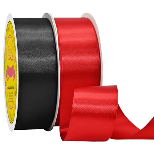 Image of 100 Yards Black Red Satin Ribbon Polyester Ribbon for Gift Wrapping Very Suitable for Weddings Party Hair Bow Invitation Decorations and More(1-1 /2 inch X 50Yards X 2 Roll)