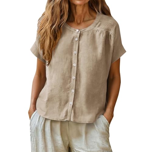 Camisa de lino con botones para mujer, manga corta, algodón, lino, cárdigans para primavera, casual, moderna, cuello redondo, negocios, caqui, XXL