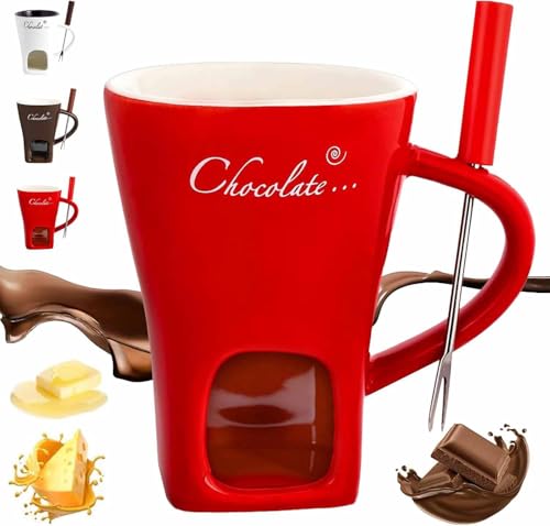 2026 New Chocolate Fondue Mug with Forks, Chocolate Melting Cup, Ceramic Butter Warmers Pot Set, Personal Cheese Melting Cup, Fondue Heated with a Tealight, Warmer Mug for Candy Snack Party (Red)