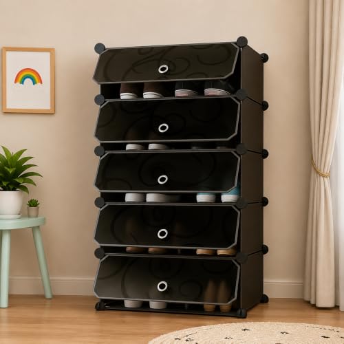 Image of Plastic Shoe Rack for Home with Door | 5-Shelf DIY Shoe Cabinet Organiser | Stores 10 Pairs | Foldable & Waterproof Shoe Stand for Entryway, Bedroom