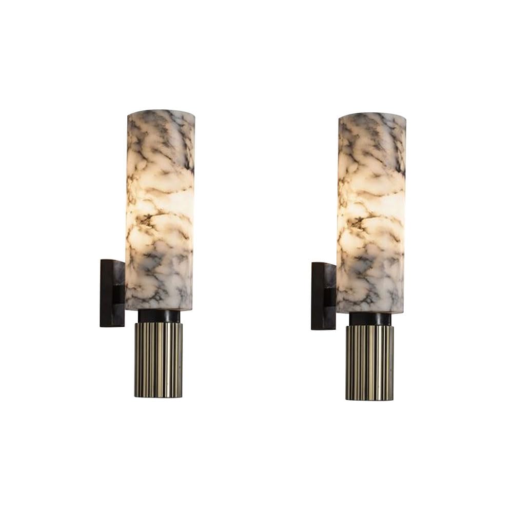 FZQSXAZU Natural Marble Wall Lamp Copper Wave Pattern Cylinder Light E27 Recessed Sconce Modern Home Decor Elegant Lighting Fixture for Living Room Bedroom and Hallway.