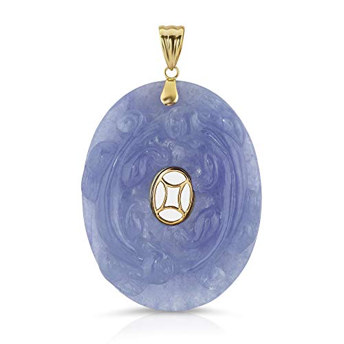 14K Yellow Gold Hand Carved Real Jade Double Dragon Pendant