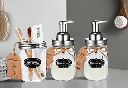 Mason Jar Toothbrush Holder - Brushed Nickel - With 16 Ounce Ball Mason Jar,Premium Rustproof 304 Stainless Steel Lid And Chalkboard Labels - Rustic Farmhouse Decor Black Bathroom Accessories #TOP3