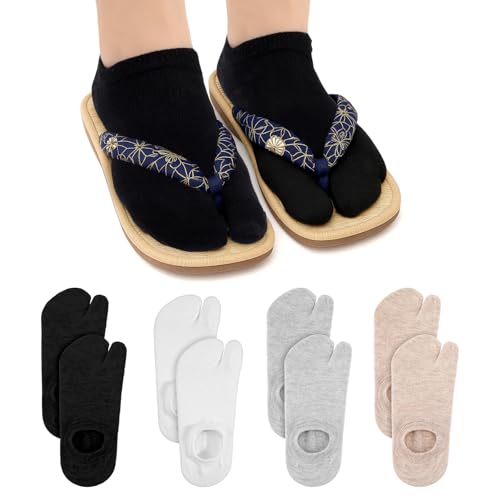 MBAIYO Flip Flop Tabi Socks, 4 Pairs Tabi Split Toe Socks 2 Toe Low Cut Elastic Japanese Sock Ankle Crew Athletic Short Sock for Men Women Supplies
