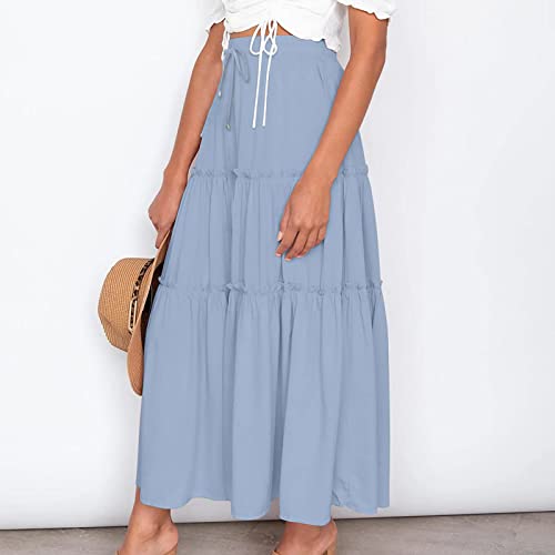 Women's Boho Long Skirts Summer Elastic High Waist A-Line Pleated Flowy Ruffle Hem Swing Beach Holiday Maxi Skirt3