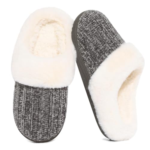 Image of Evshine Warm Knit House Slippers for Women Comfy Wool-Like Lined Chenille Slippers with Memory Foam and Indoor Outdoor Soles