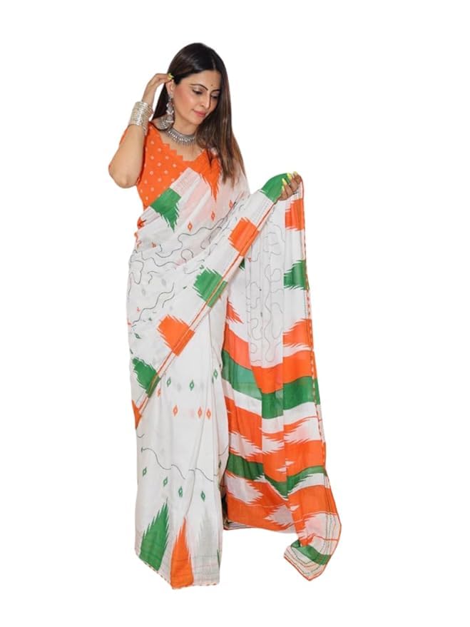 Women's Polyester Women's Printed Independence Day Tricolor Tiranga Oraganza Saree With Unstitched Blouse Piece-picture-23