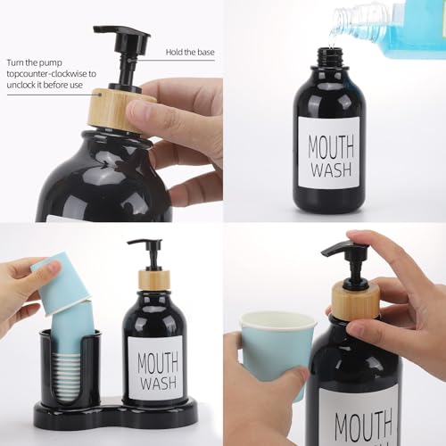 Image of Mouthwash Dispenser for Bathroom, 16oz Plastic Mouthwash Dispenser with Cup Holder and Tray Mouth Wash Bottle Container - Black