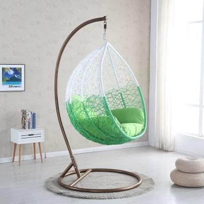 Image of HUMAIRA OUTDOOR FURNITURE Single Seater Swing Chair with Stand & Cushion Outdoor Indoor Balcony Garden Patio,Powder Coated Frame,UV Protected Wicker,Cushion (Swing-White /Cushion-Green)