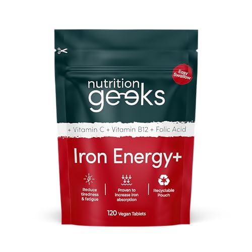 Iron Tablets High Strength - Energy Tablets with Vitamin C, B12 & Folic Acid - 120 Vegan Iron Supplements for Women and Men - 14mg - Enhanced Energy Support & Increased Absorption - UK Made