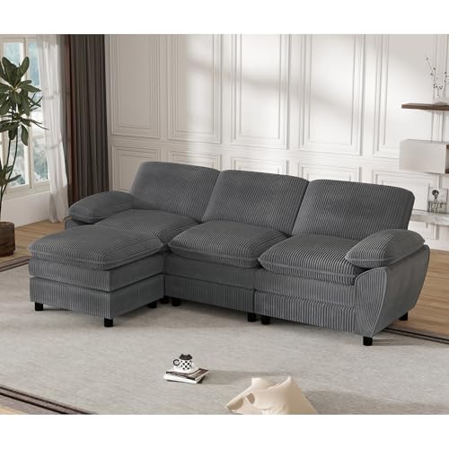 Modulares 3er-Kombinationssofa mit abnehmbarem Ottoman in Premium Velours – Elegantes L-Sofa für Wohnzimmer, perfekte Ergonomie & einfache Montage (258cm, Grau) – Bild 4