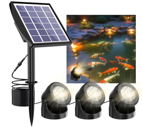 Solar Pond Lights 3-in-1 Warm White Underwater Pond Lights Smart Auto ON/Off Submersible LED Fountain Lights with 3-Brightness Modes IP68 Waterproof for Pond Garden Patio Pool Waterfall Decor