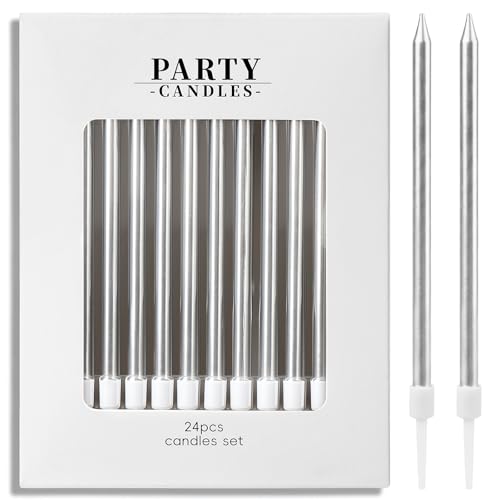 24-Count Long Thin Birthday Candles Tall Silver Candles Cake Toppers Cake Candles Party Supplies Birthday Decorations
