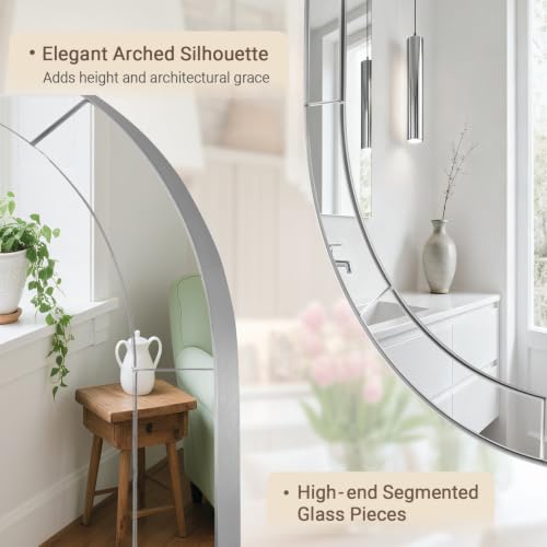 Image of MOON MIRROR Arched Mirror for Bathroom, Bathroom Mirrors for Over Sink, 26x38 inch Brushed Nickel Non-Rusting Vanity Mirror in Delicate Tessellated Glass Design