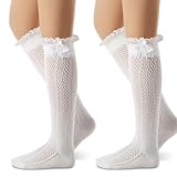 Syhood 2 Pair Long Button Boot Socks with Lace Trim Knit Boot Stockings Knee High Socks for Women Oktoberfest German Dirndl(White)