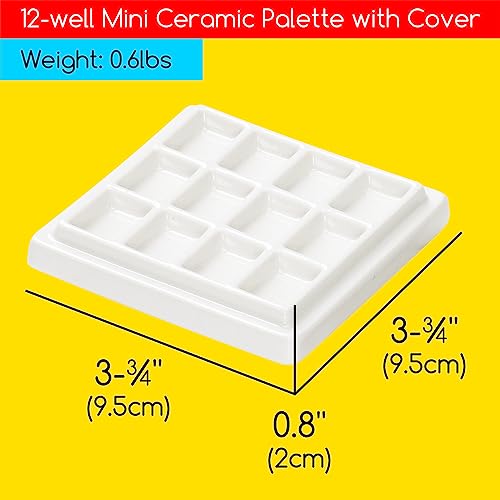 MEEDEN Ceramic Watercolor Palette with Cover, 12-Well White Porcelian Mixing Tray Artist Painting Palette with Lid, Square Painting Tray Palettes for Watercolor Gouache Acrylic Painting, 3¾" x 3¾"