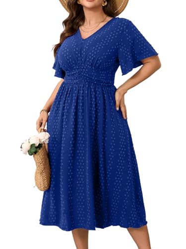 Image of RWJ Women's Plus Size Maxi Dress V Neck Short Sleeve Swiss Dot A Line High Waist Boho Swing Casual Summer Dresses