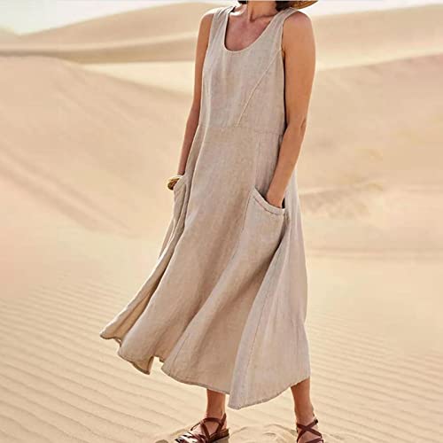 Plus Size Rompers For Women, Golf Outfits Women Green Sundress Maternity Dress Photoshoot Midi Women's Fashion Casual Solid Colour Sleeveless Cotton Linen Pocket Dress Dresses (L, Khaki) #TOP1