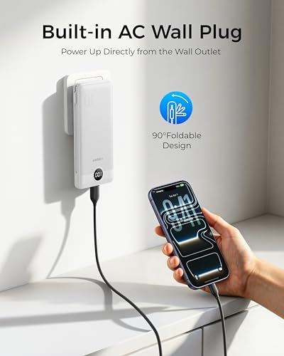 Image of VEGER Portable Charger with Built-in AC Plug and Cables, All in One 10000mAh Ultra Slim Power Bank Travel Essentials, USB C External Battery Pack Compatible with iPhone, Samsung, More, White