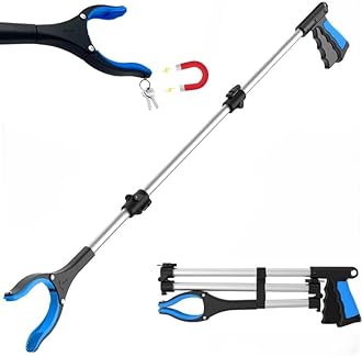 FitPlus PowerGrip T9, Extra Long Grabber Reacher Tool, Wide Jaw, Foldable Trash Pickup Tool, Steel Cable, with 96 Grip Points for Firm Grip, 32" with Magnet (Blue, 43 Inch)