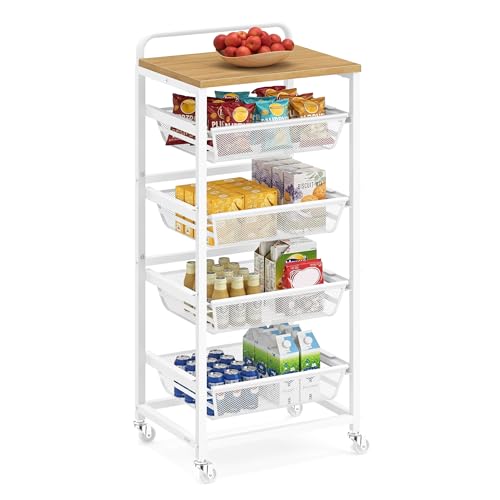 VASAGLE Chariot de Rangement à 5 Niveaux, avec Paniers Extractibles, Étagère de Cuisine avec roulettes, avec Poignée, 31,7 x 40 x 95 cm, Doré Chêne et...