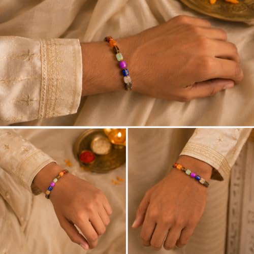 Image of Phool Super Chakra Rakhi for Brother with Pyrite Stone | 7 Chakra Healing Crystal rakhi Bracelet | Lab Certified | Sacred Gemstone Beads with Roli Chawal | Adjustable Raksha Bandhan Rakhi Gift for Bhai