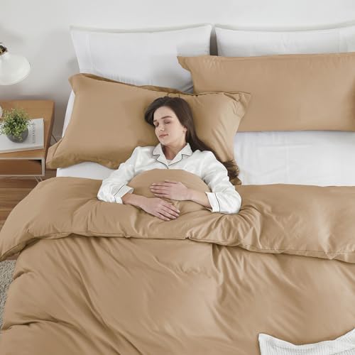 Image of Hearth & Harbor Mocha Brown Duvet Cover Queen Size, 3 Piece Bedding Set | Soft Double Brushed Bedding Set, Button Closure, 1 Duvet Cover 90x90 Inches, 2 Pillow Shams