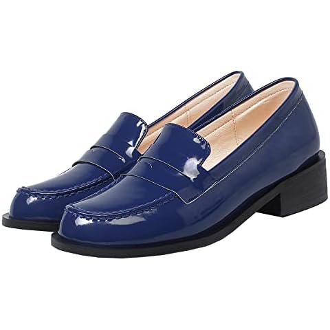 Elbslutt Women's Patent Leather Loafers Low Chunky Heel Slip On Pumps Round Toe Casual Work Office Dressy Shoes, Size 10, Navy Blue Cover