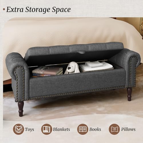Storage Bench, 50” Queen Linen Tufted Button End of Bed Bench with Rolled Arm and Nailhead Trim, Upholstered Bedroom Bench, Ottoman Bench for End of Bed, Living Room, Entryway, Gray
